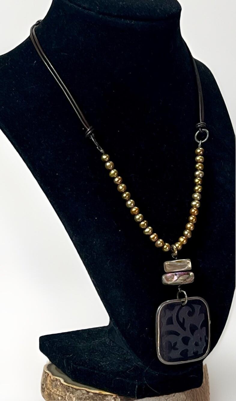 Retired Silpada 925 Sterling Abalone Glass Pendant Leather Cord Pearl Necklace